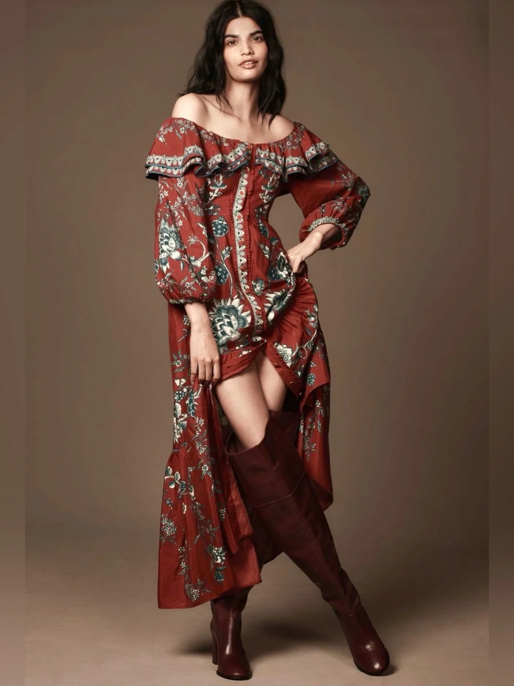 FARM Rio Off-Shoulder Floral Maxi Dress Rust Red Fall Autumn Fashion Sexy Boho